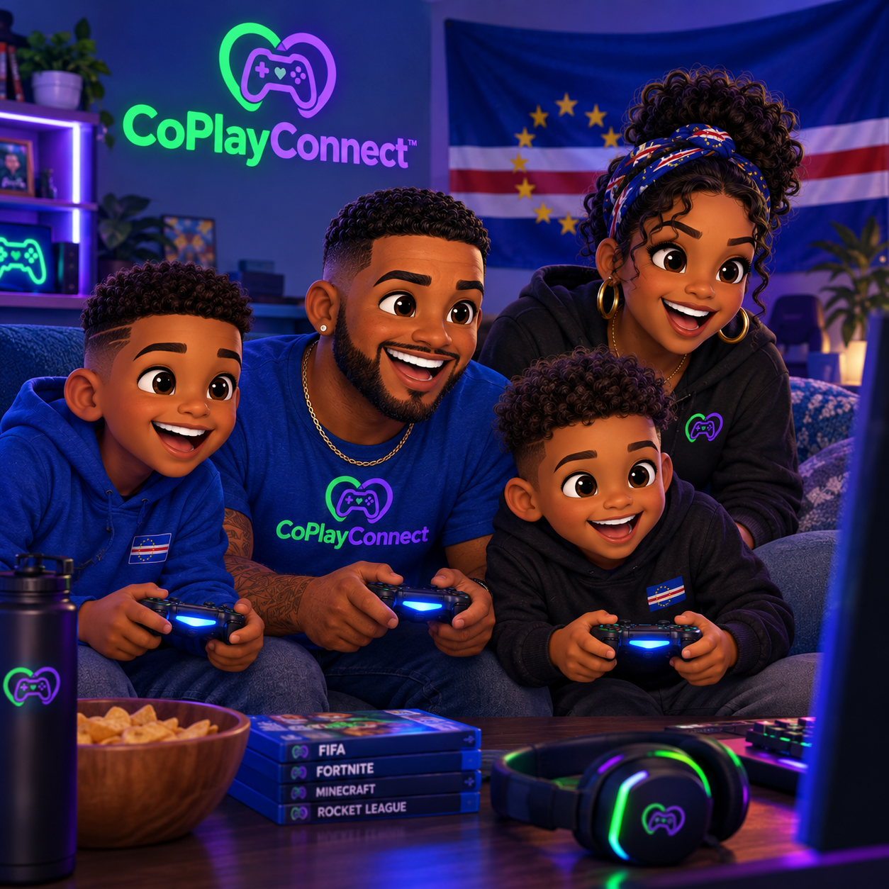 Cape Verdean parents and their two children enjoying a video game together in their CoPlayConnect gaming room