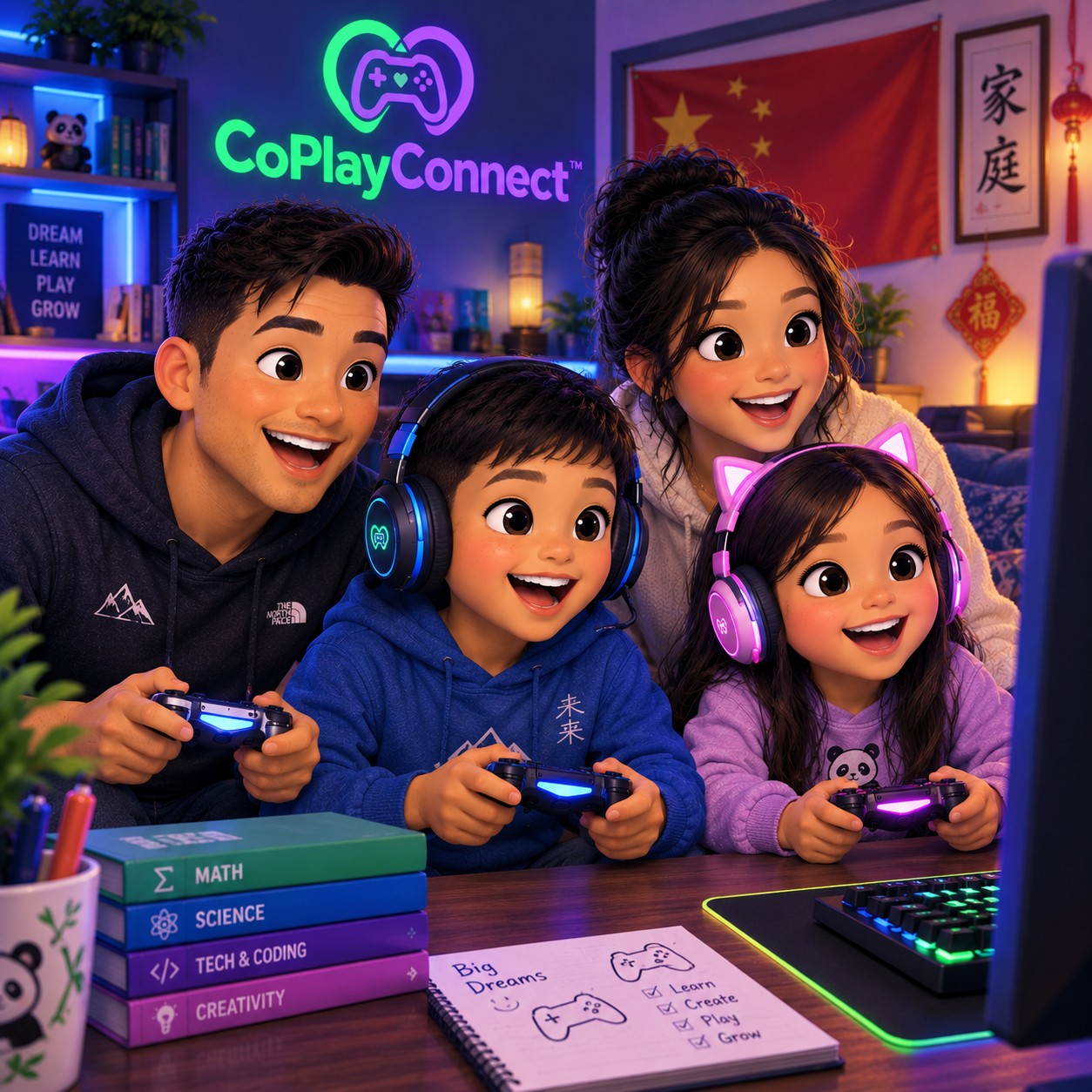 Chinese-American family playing an educational video game together in their CoPlayConnect gaming room, with a Chinese flag on the wall and math, science, tech and coding books on the desk