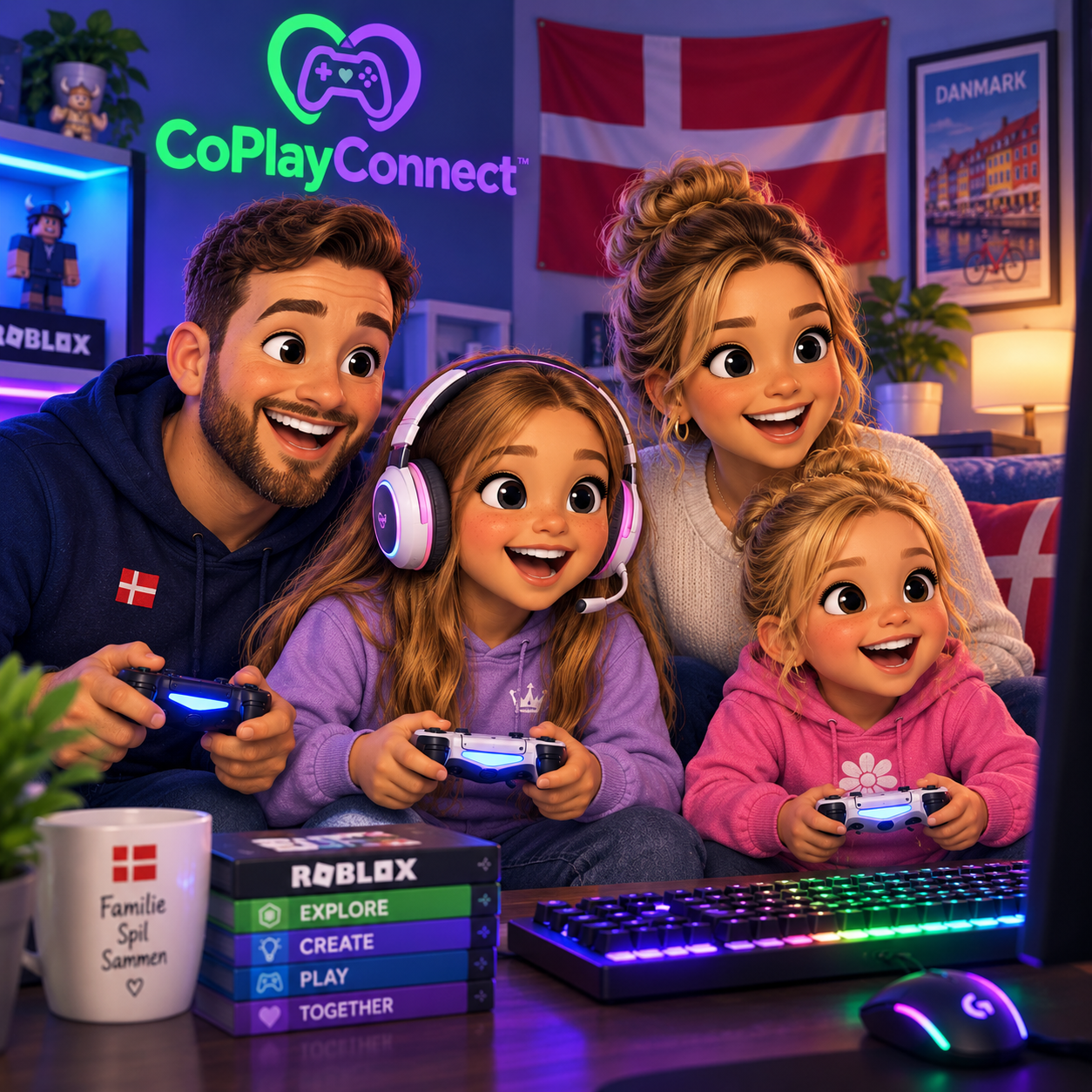 Danish family playing Roblox together in their CoPlayConnect gaming room, with a Denmark flag on the wall