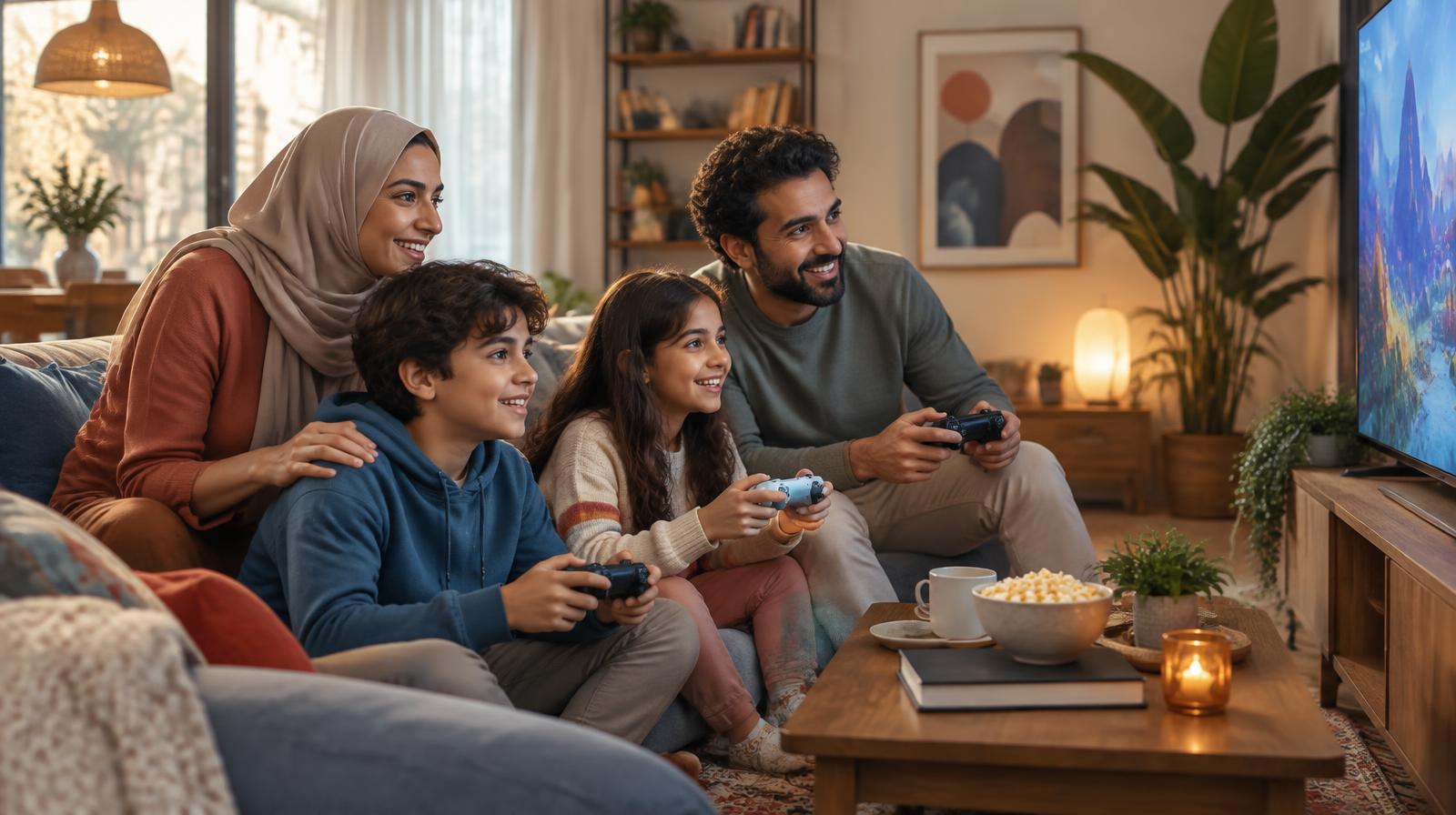 A Middle Eastern family enjoying a calm cooperative video game session together in their living room