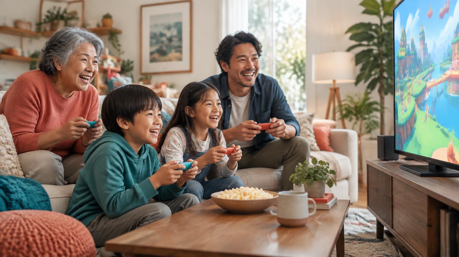 A Japanese-American multigenerational family laughing together while playing a family video game in their living room