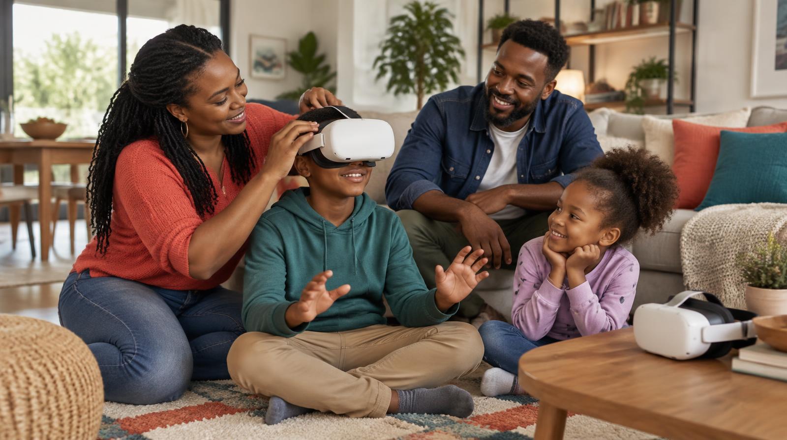 A Black Caribbean family helping a child use a VR headset safely in a clear living-room play space