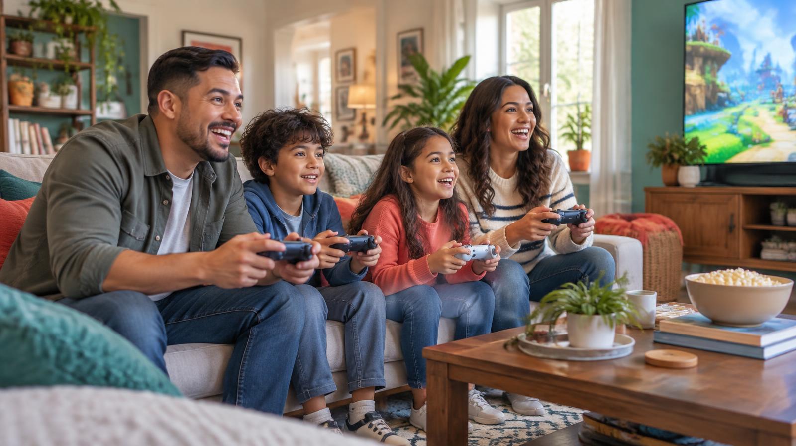 A Latino family of four enjoying a lively couch co-op video game session together