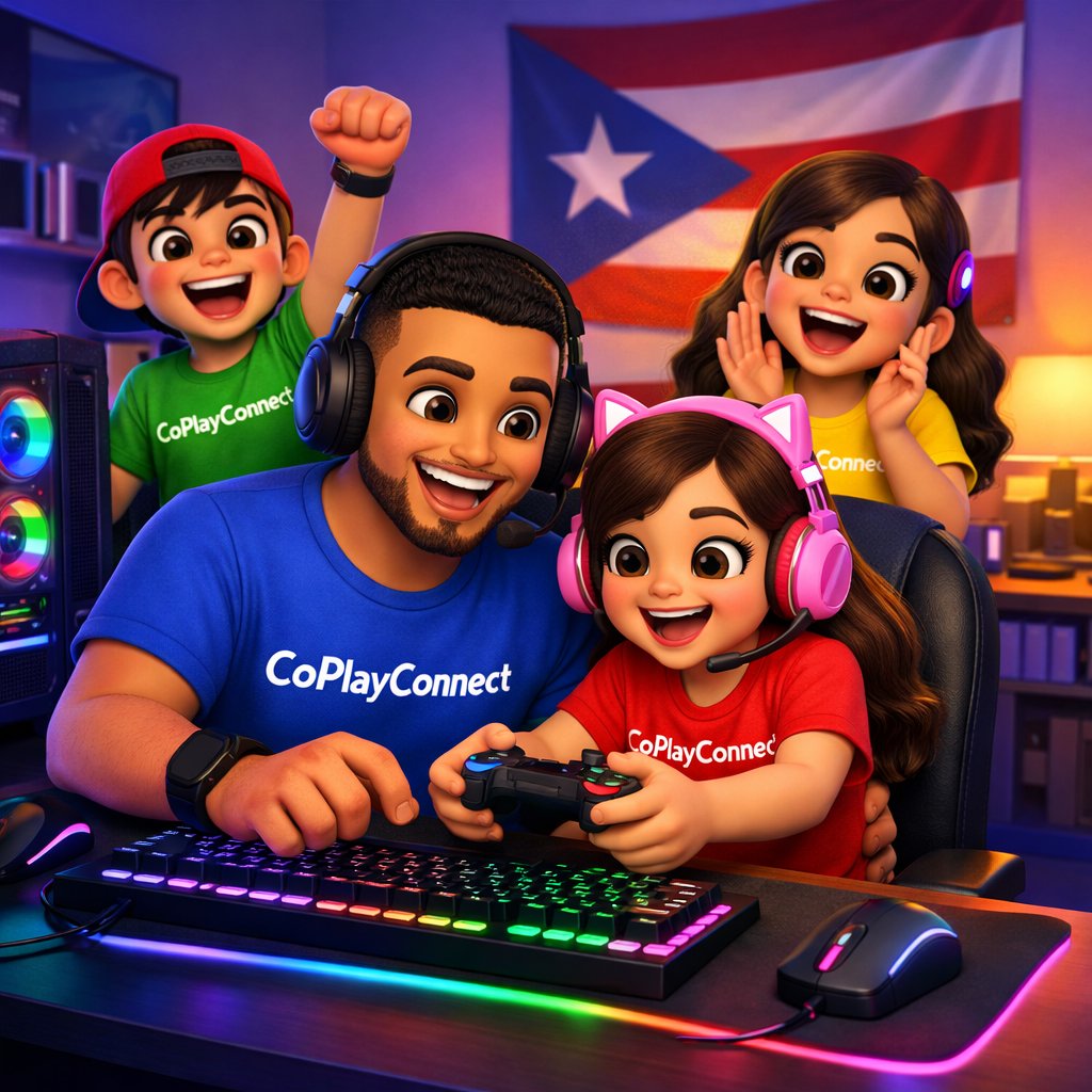 A dad and daughter playing video games together at a gaming PC desk with CoPlayConnect shirts and a Puerto Rico flag in the background
