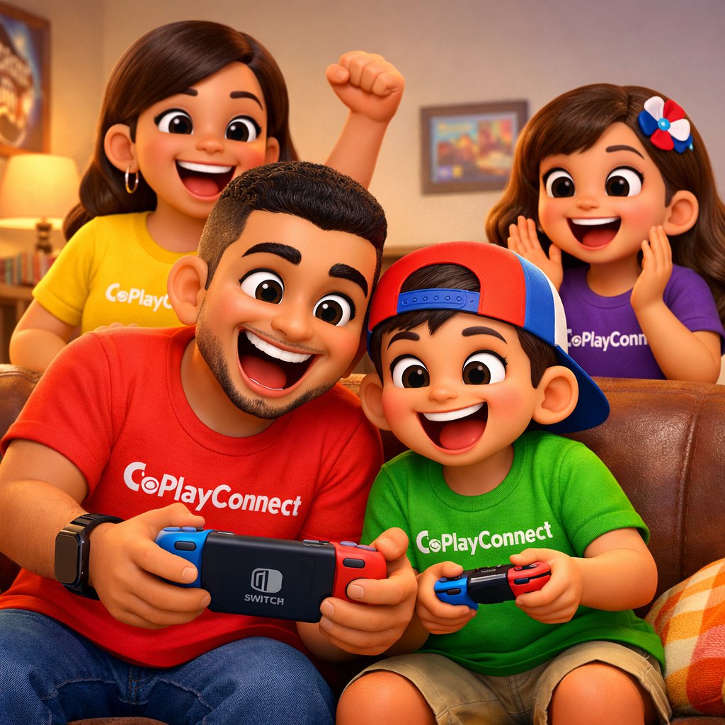 A dad and son sharing a Nintendo Switch together in CoPlayConnect shirts while mom and daughter cheer behind them