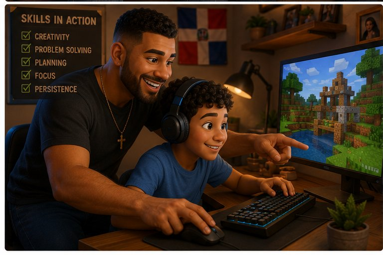 A father and son playing Minecraft together with a skills checklist showing creativity, problem solving, planning, focus, and persistence