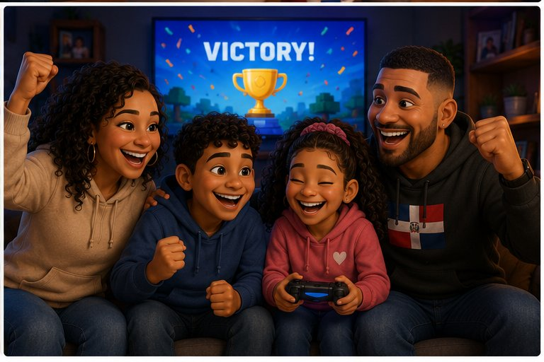 A family of four celebrating a victory together in front of a TV showing a trophy and victory screen