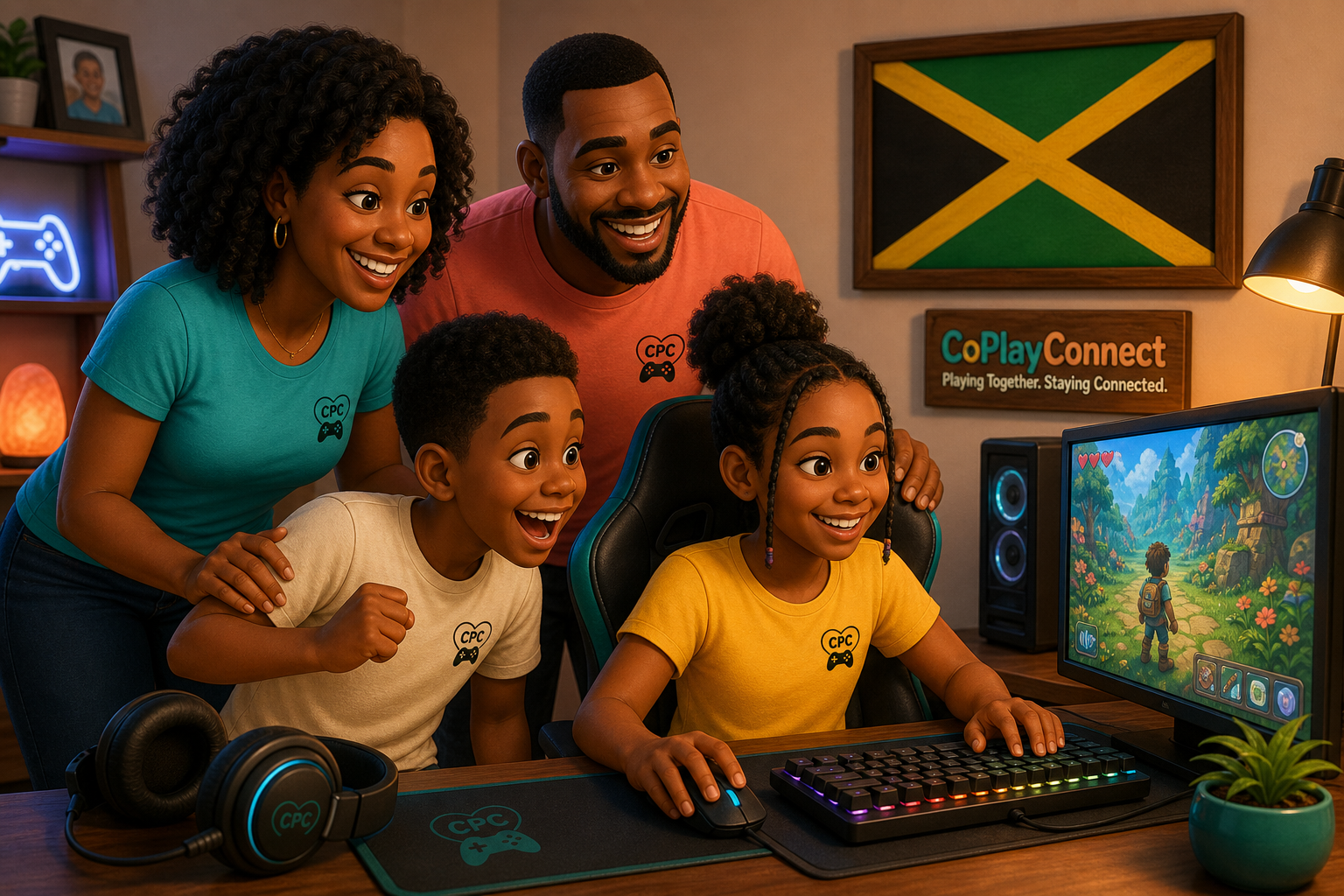 Jamaican-American family playing a PC game together wearing CoPlayConnect shirts