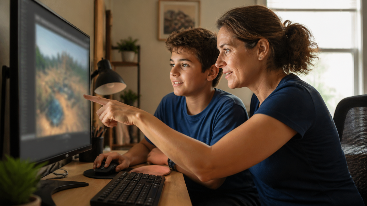 A mother and her preteen son at a home desk pointing at a monitor while playing a creative building game together