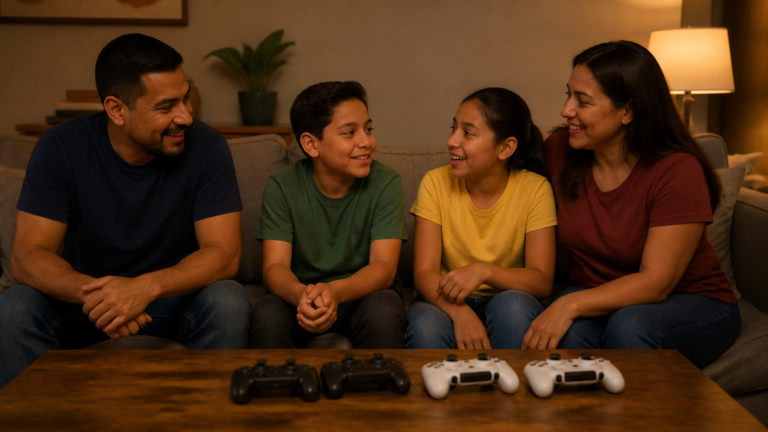 A family of four sitting together on the couch talking after playing, with game controllers resting on the coffee table