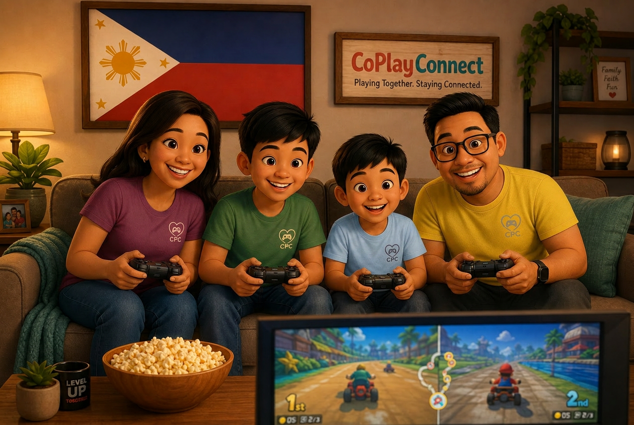 Filipino-American family playing a co-op video game on the couch wearing CoPlayConnect shirts