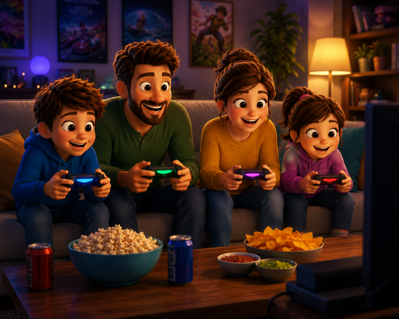 A family of four sitting on the couch playing video games together with popcorn, chips, and drinks on the coffee table