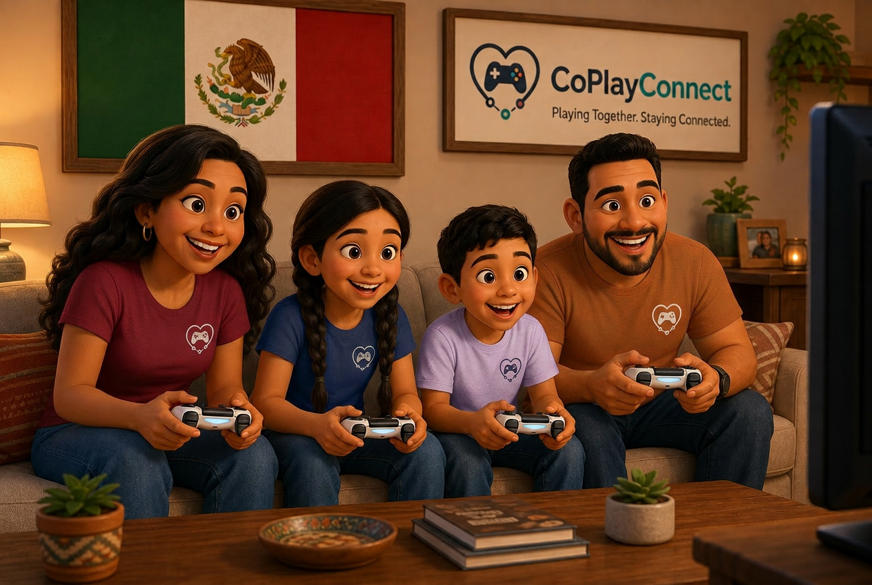 Mexican-American family playing a co-op video game together on the couch wearing CoPlayConnect shirts