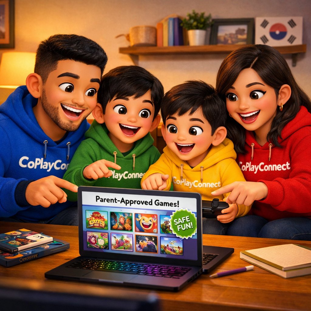 A Korean-American family in CoPlayConnect hoodies pointing at a laptop showing Parent-Approved games on CoPlayConnect