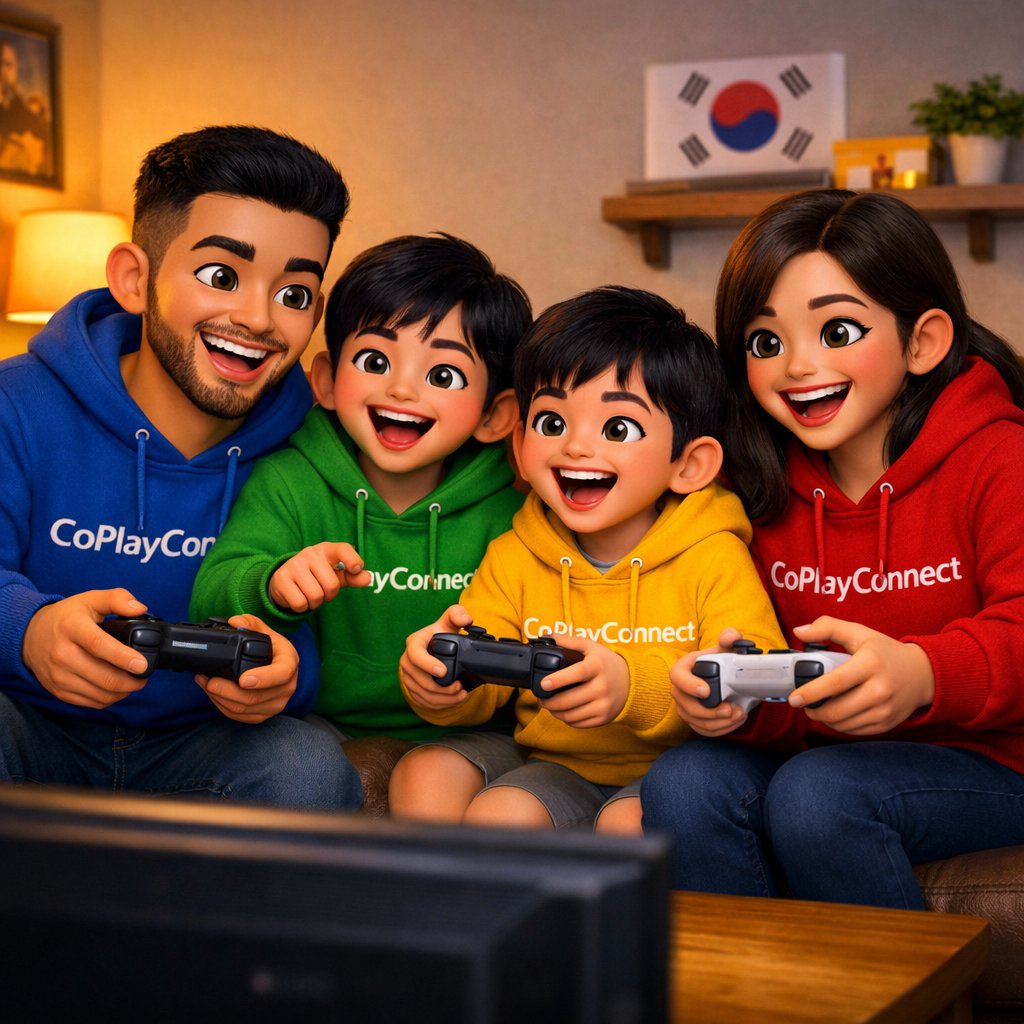 A Korean-American family of four in CoPlayConnect hoodies playing video games together with a South Korean flag on the wall