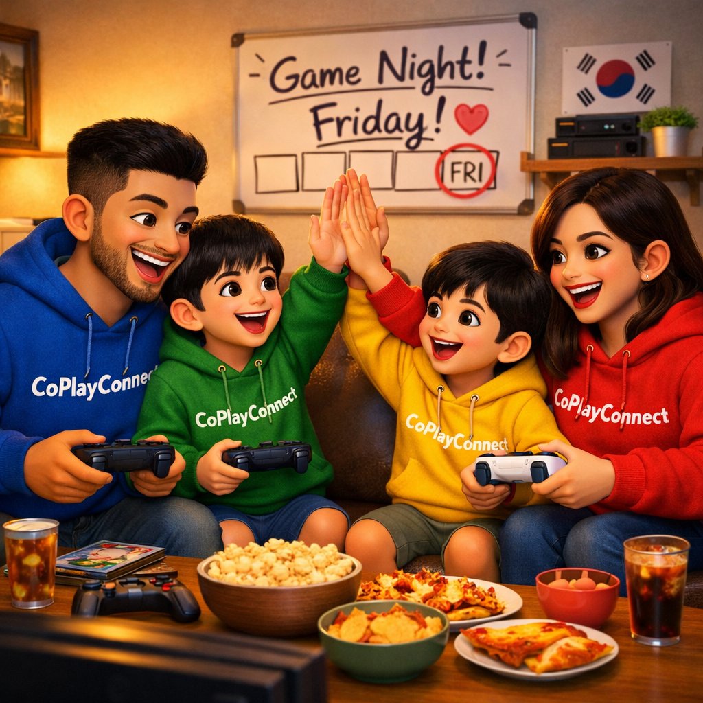 A family high-fiving during Friday game night with snacks on the table and a whiteboard showing Game Night Friday
