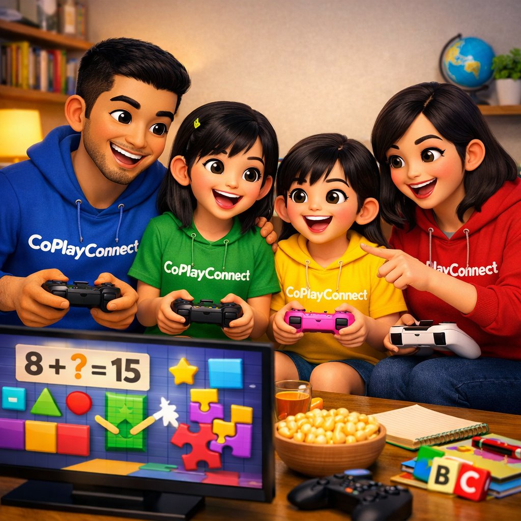 A Japanese-American family in CoPlayConnect shirts playing an educational puzzle game on TV showing a math problem
