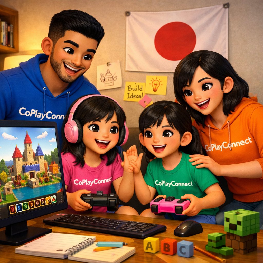 Japanese-American family playing Minecraft together with a Japanese flag on the wall, wearing CoPlayConnect shirts
