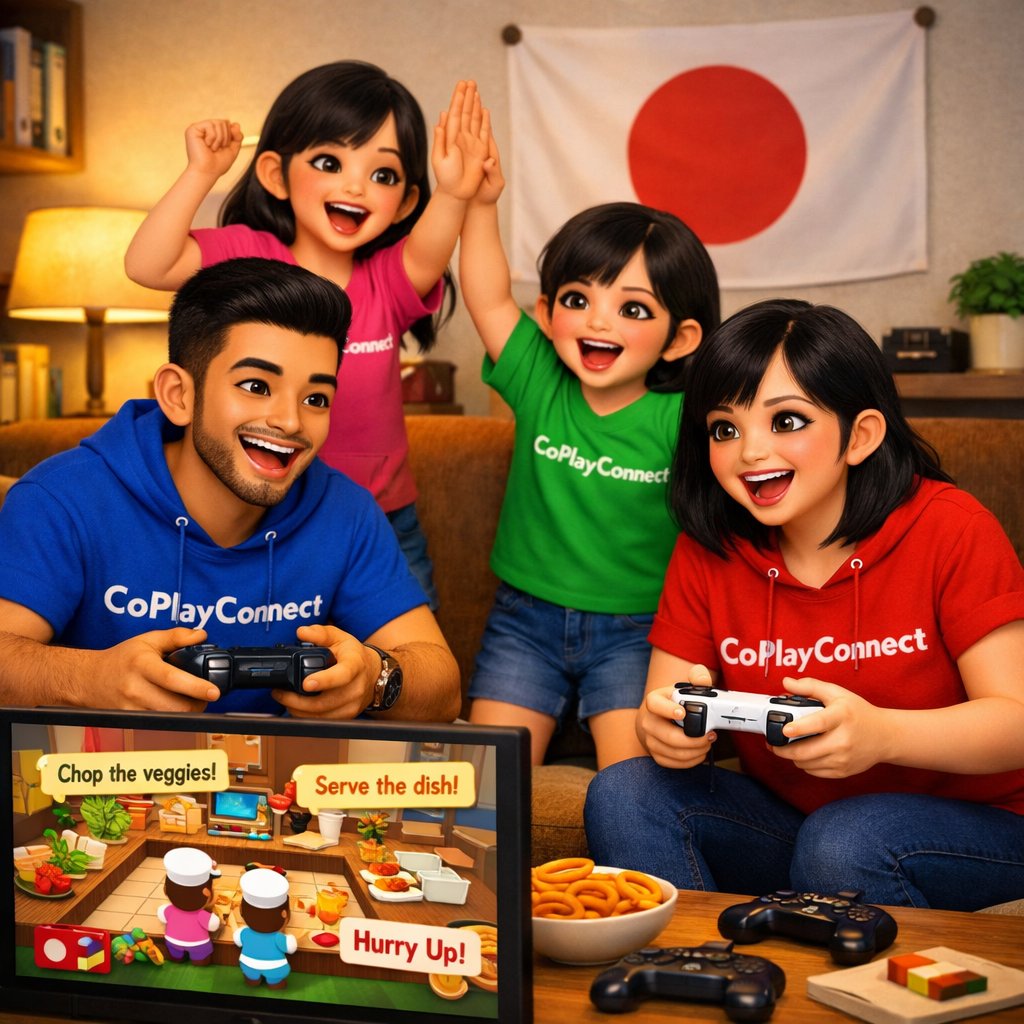 A family playing a cooperative cooking video game together with on-screen prompts showing teamwork commands
