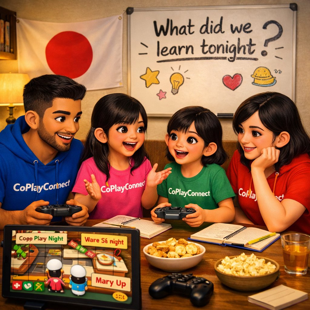 A family in CoPlayConnect shirts having a post-game conversation at a table with a whiteboard asking 'What did we learn tonight?'