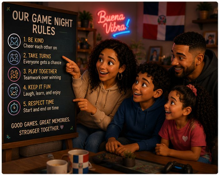 Family writing down their game night house rules together