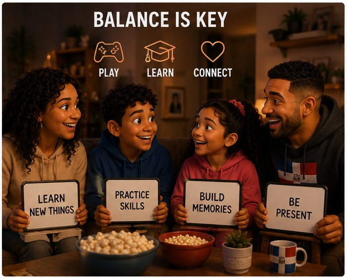 A family holding signs about learning, skills, memories, and being present during family game night