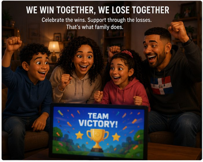 A family of four celebrating a team victory together during family game night