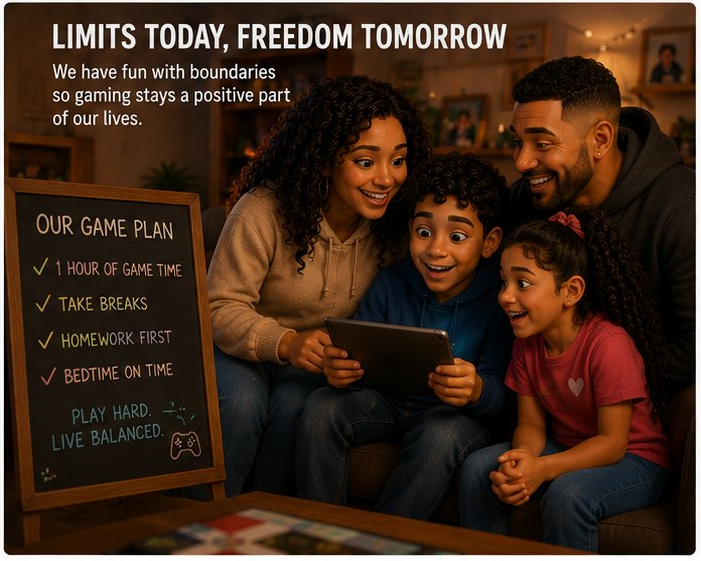 A family reviewing their game night game plan on a chalkboard showing healthy gaming boundaries
